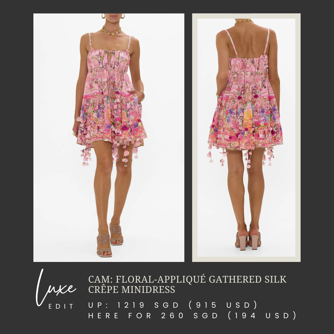 CAM: Floral-appliqué gathered silk crêpe minidress