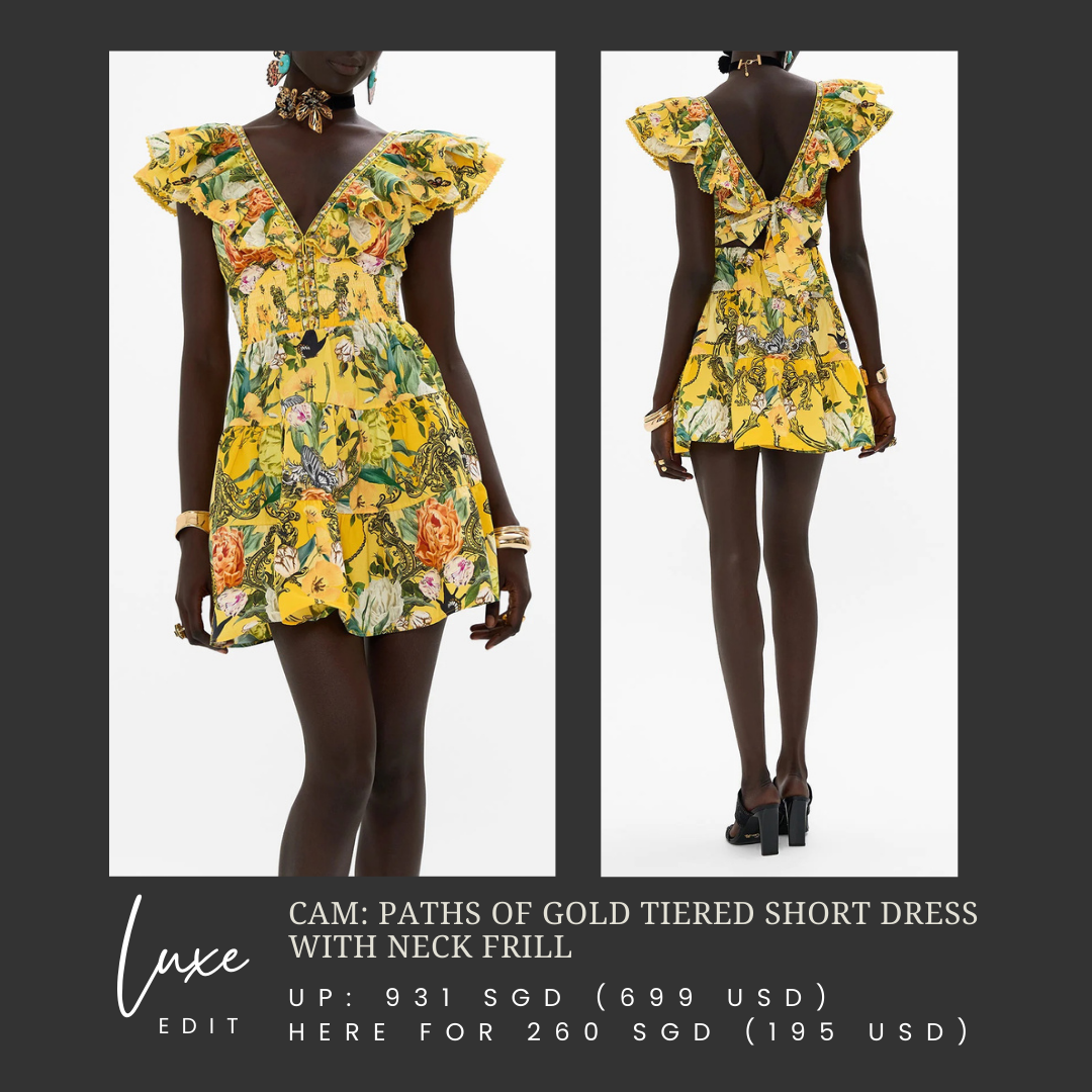 CAM: Paths of Gold tiered short dress with neck frill