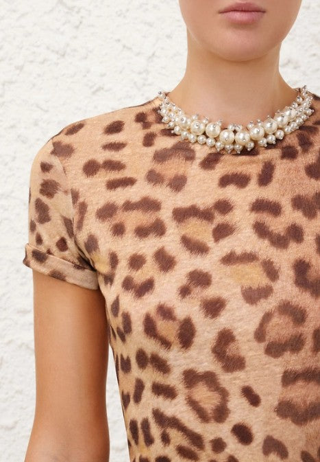 ZM: Crystal Embellished Leopard Print Linen T-Shirt