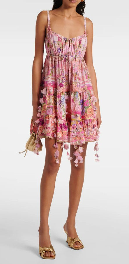 CAM: Floral-appliqué gathered silk crêpe minidress