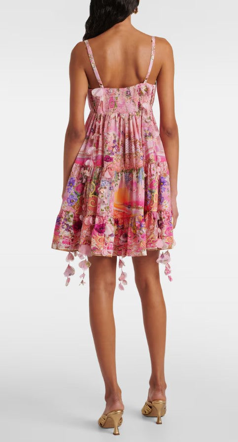 CAM: Floral-appliqué gathered silk crêpe minidress