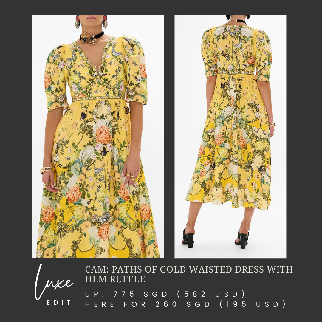 CAM:  Paths Of Gold waisted dress with hem ruffle