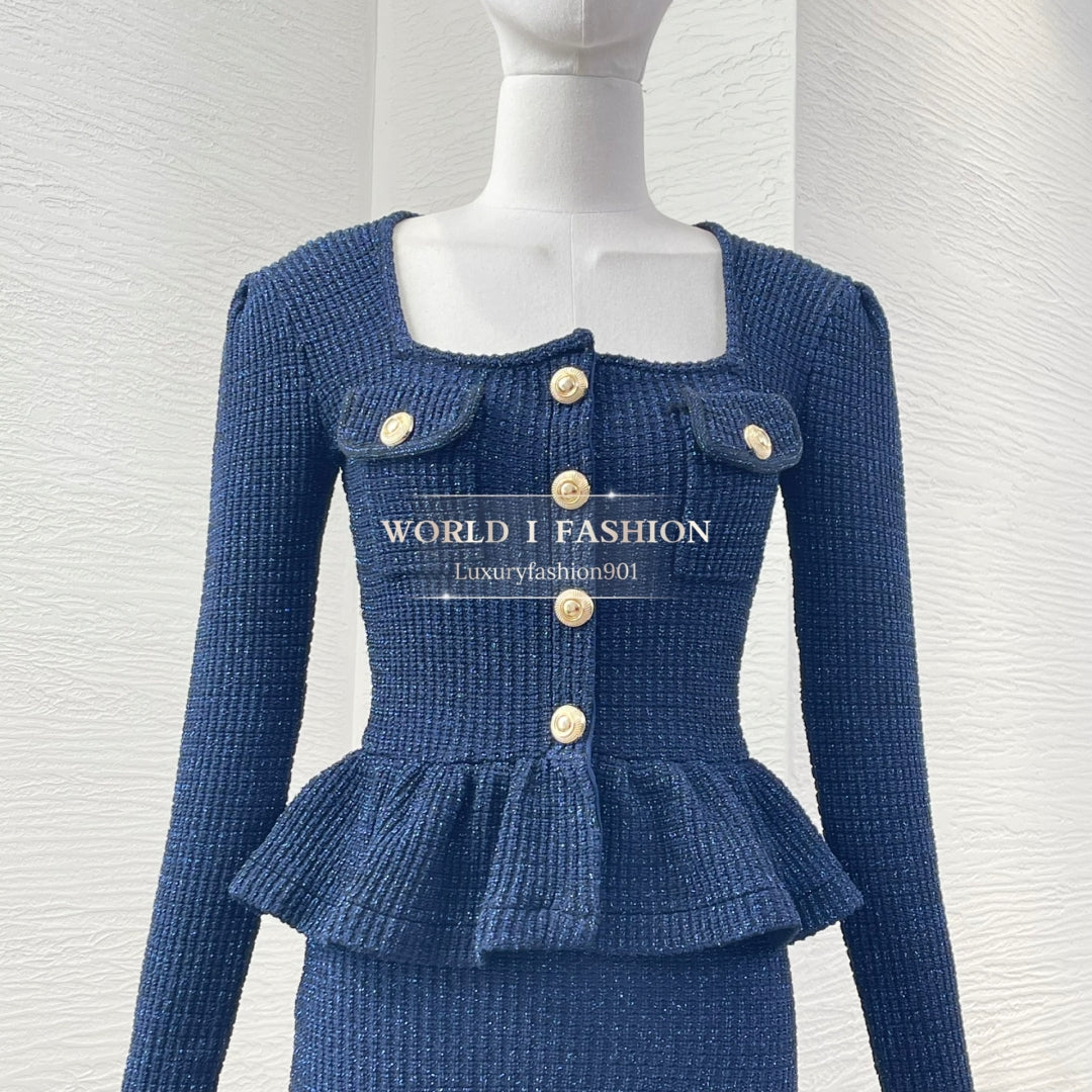 SP: Navy Knit Peplum Midi Dress