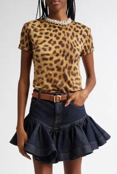 ZM: Crystal Embellished Leopard Print Linen T-Shirt