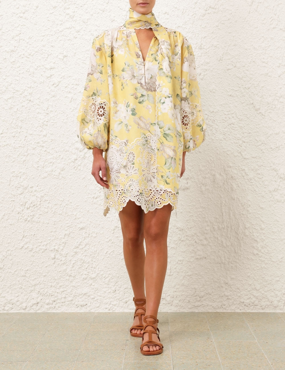 ZM: Acacia tie-neck broderie anglaise-trimmed floral-print linen mini dress