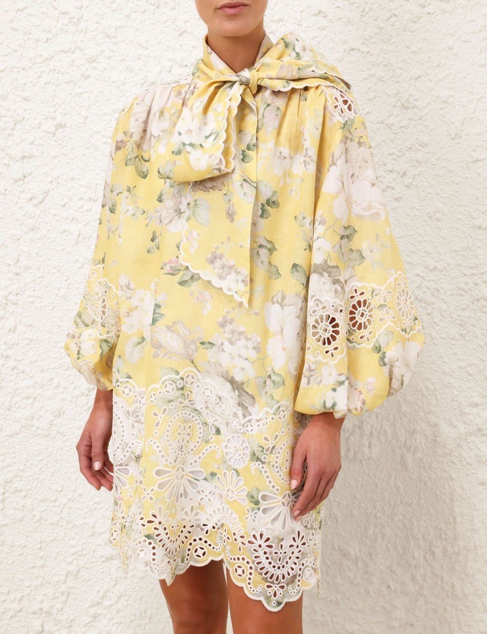 ZM: Acacia tie-neck broderie anglaise-trimmed floral-print linen mini dress