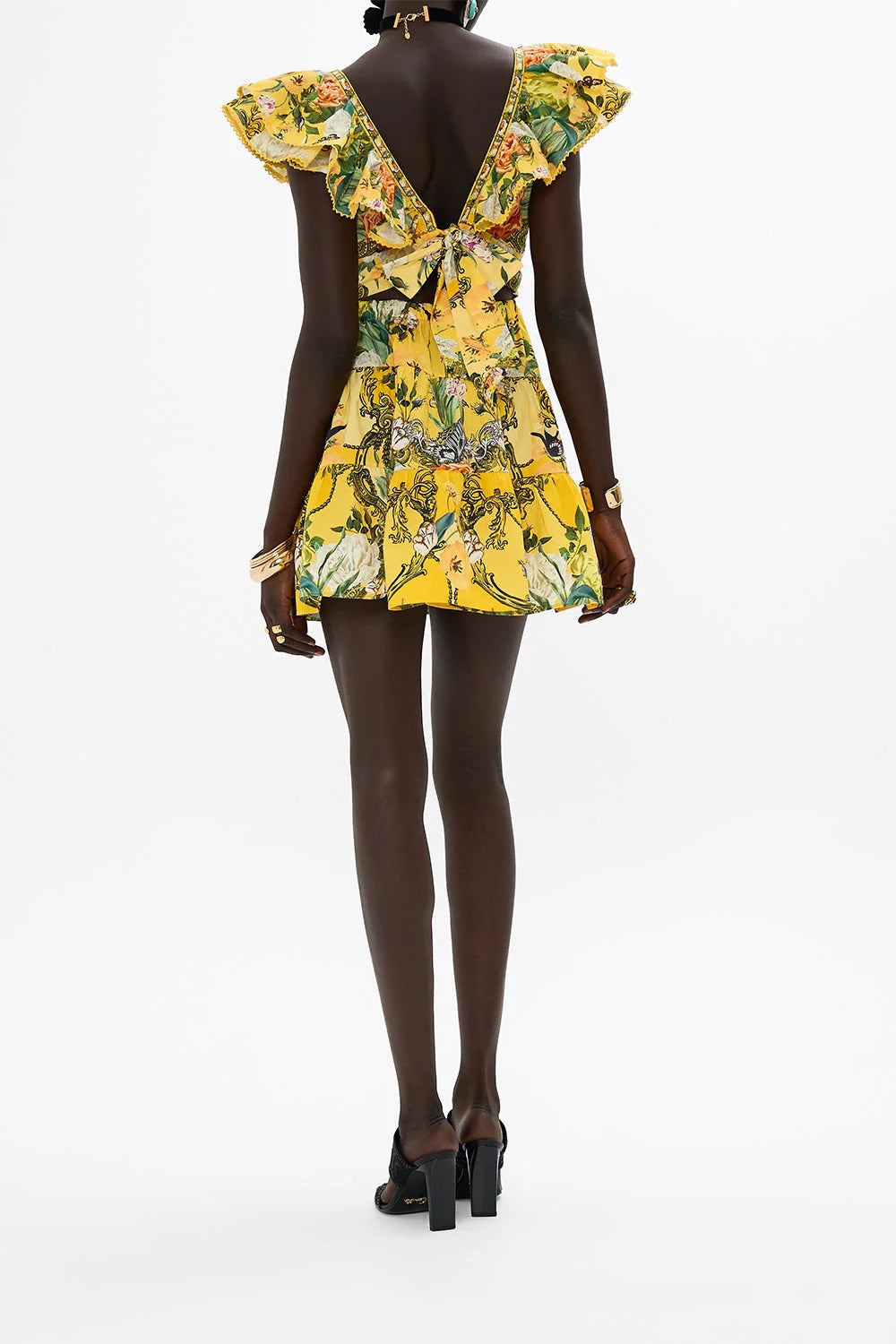 CAM: Paths of Gold tiered short dress with neck frill