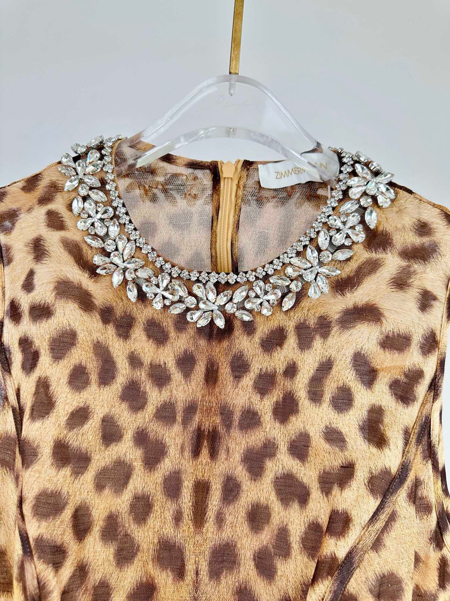 ZM: Crush crystal-embellished paneled leopard-print linen and silk-blend mini dress